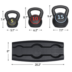 3-Piece Kettlebell Set with Storage Rack 5Lb 10Lb 15Lb Weight for Home Gym