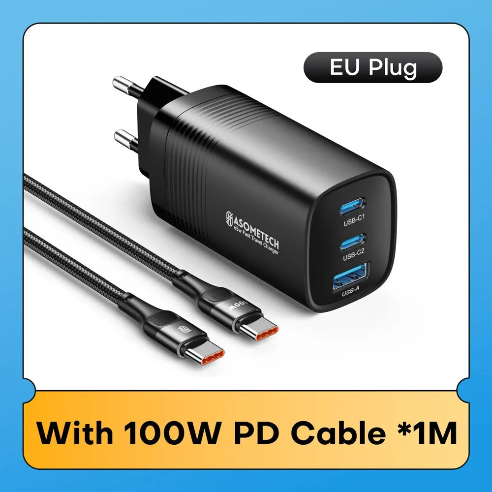 ASOMETECH GaN USB Type C Charger 65W Quick Charger For Macbook Laptop IPAD Tablet iPhone 14 Samsung