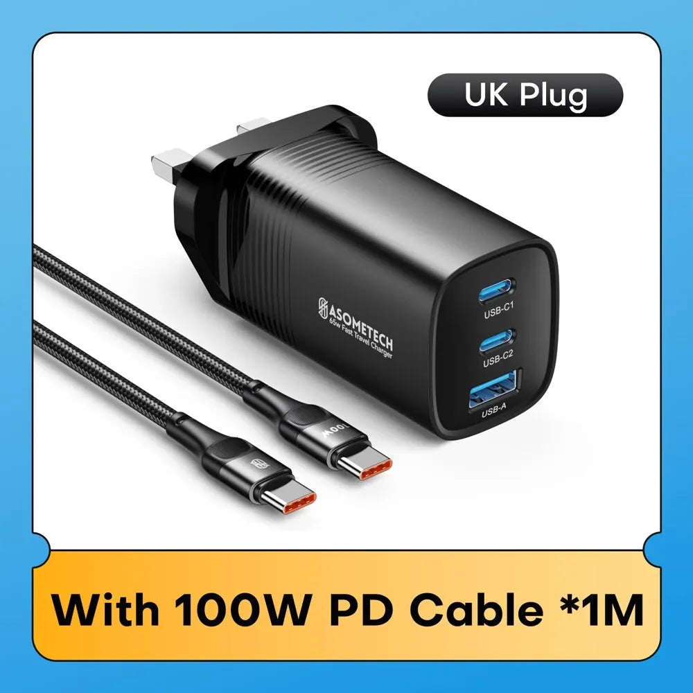 ASOMETECH GaN USB Type C Charger 65W Quick Charger For Macbook Laptop IPAD Tablet iPhone 14 Samsung