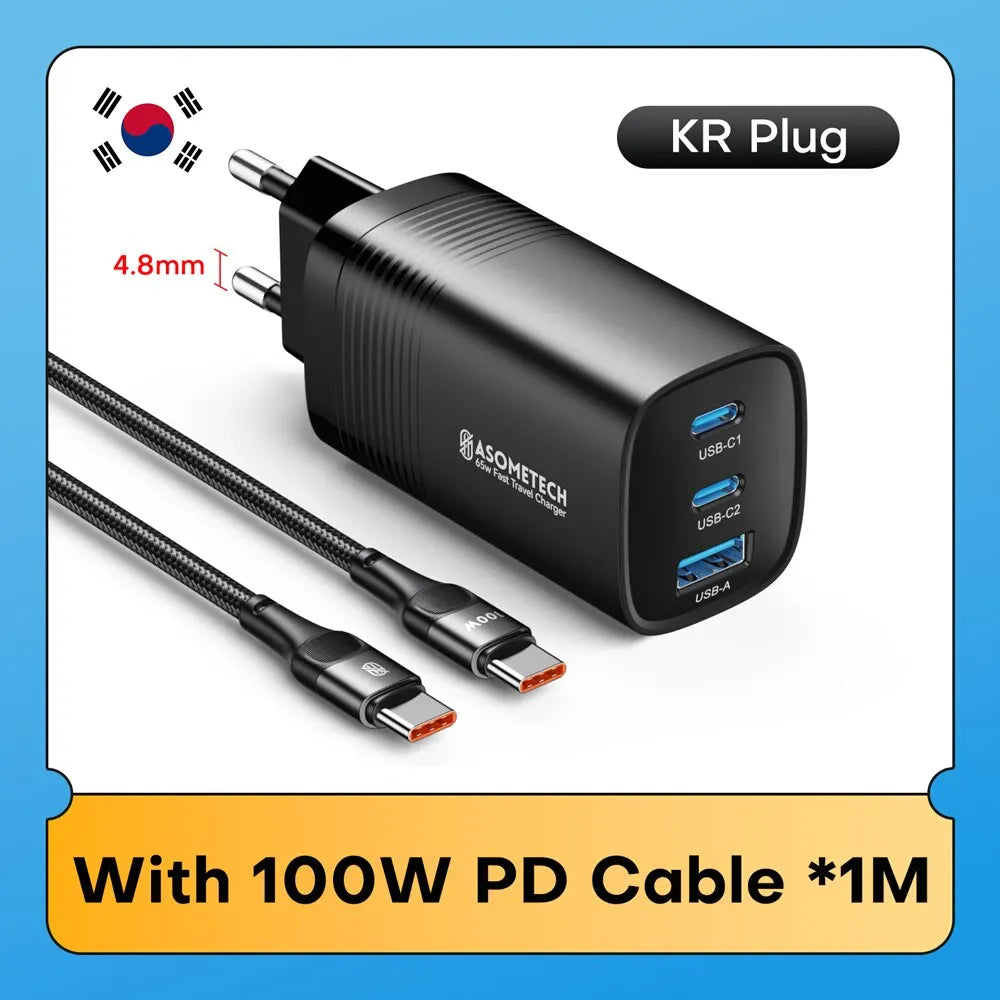 ASOMETECH GaN USB Type C Charger 65W Quick Charger For Macbook Laptop IPAD Tablet iPhone 14 Samsung