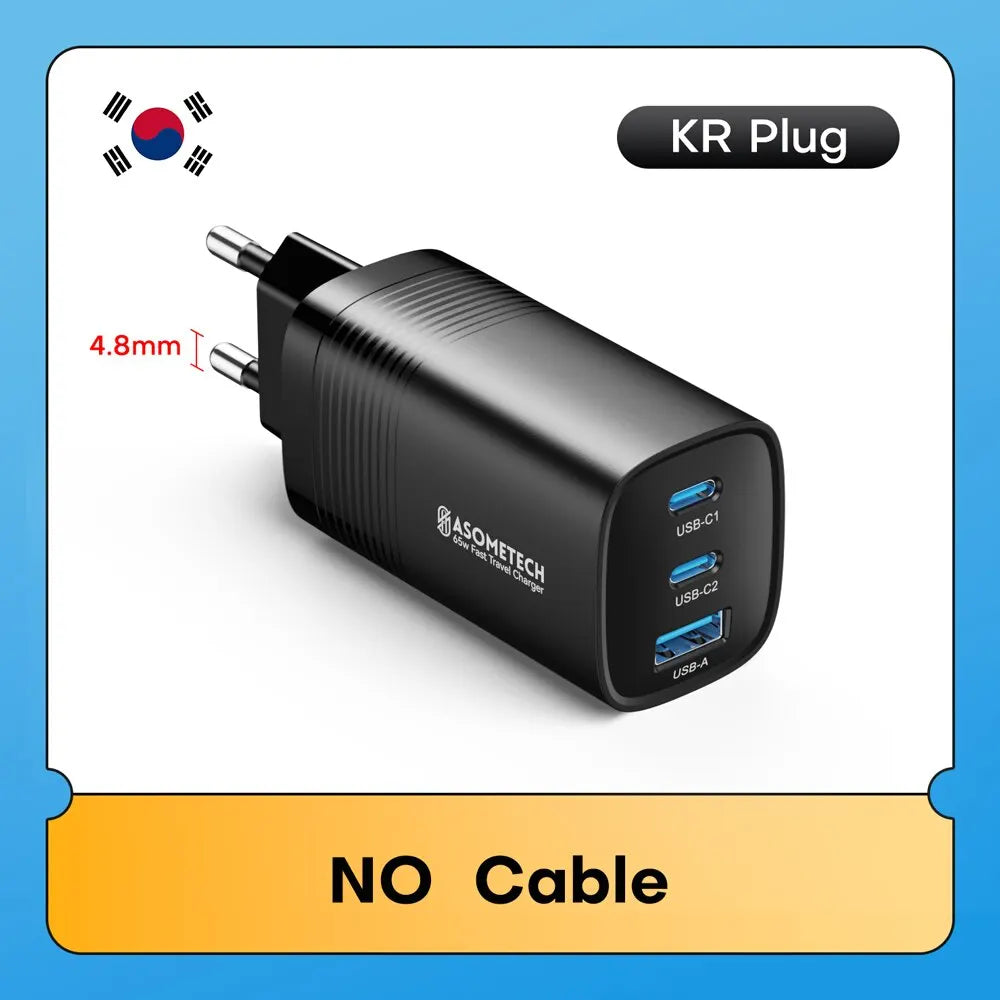 ASOMETECH GaN USB Type C Charger 65W Quick Charger For Macbook Laptop IPAD Tablet iPhone 14 Samsung