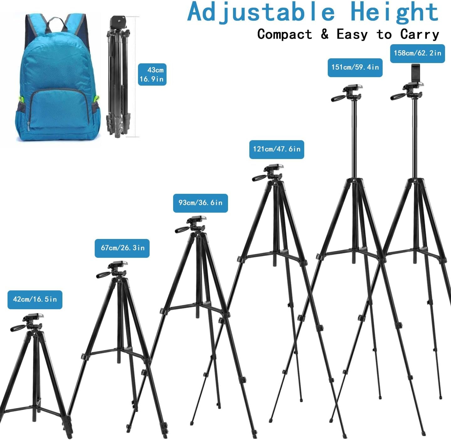 62" Phone Tripod,  Tripod for Iphone with Remote Shutter and Universal Clip, Compatible with Iphone/Android/Sport Camera Perfect for Video Recording/Selfies/Live Stream/Vlogging